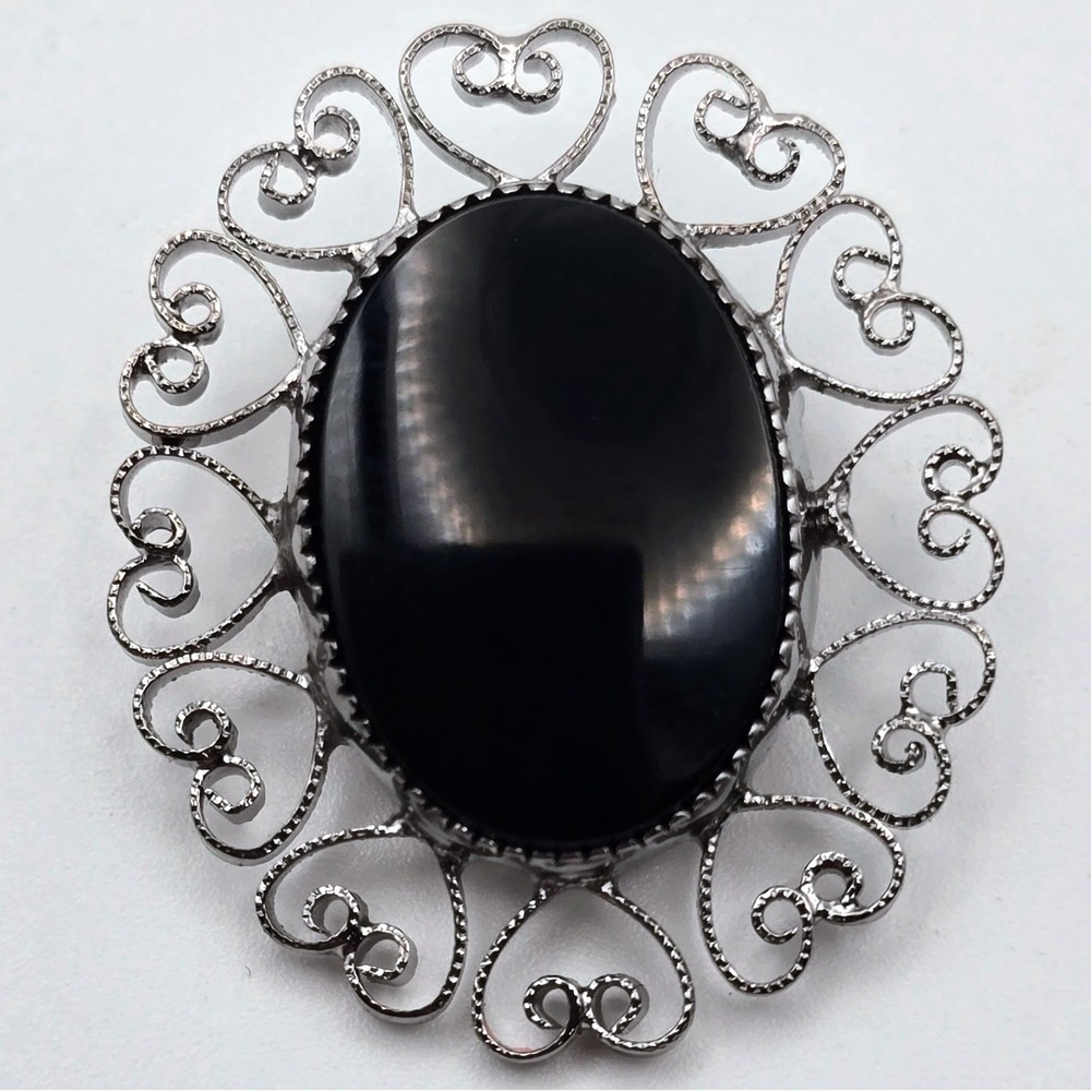 Vintage Sorrento Sterling Silver Black Onyx Filigree Heart Brooch Pendant Italy